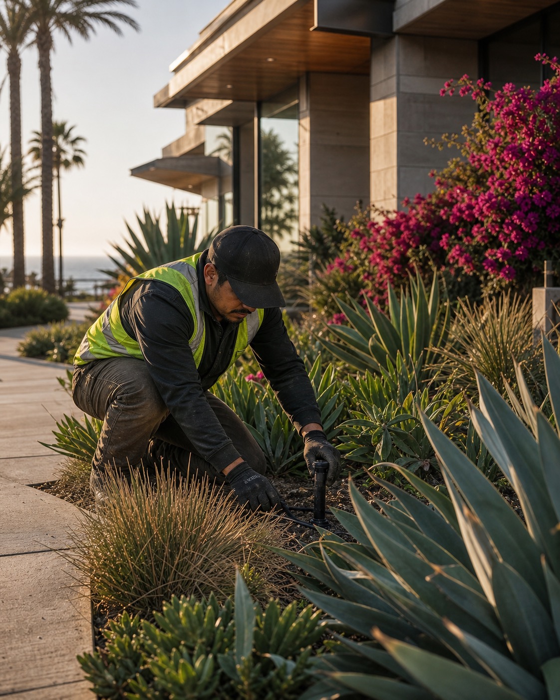 ManageMowed crew maintaining a La Jolla commercial property with Pacific coastline in the background