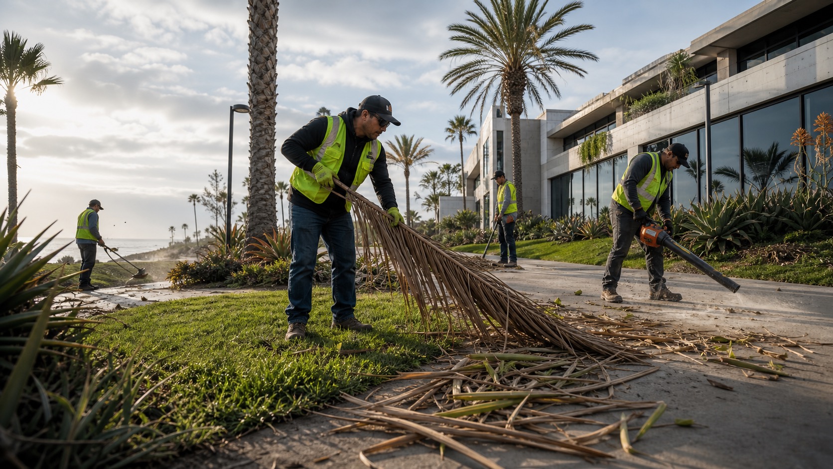 ManageMowed crew maintaining a San Diego commercial property after Santa Ana wind event